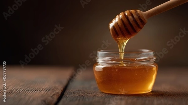 Fototapeta Macro shot of golden honey pouring from a wooden honey dipper into a glass jar placed on a rustic wooden surface, glowing warm gold backdrop, detailed viscous texture with natural wood grain adding