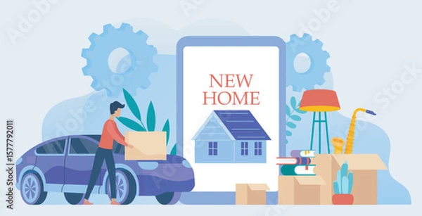 Fototapeta Moving into new home concept scene. Vector illustration