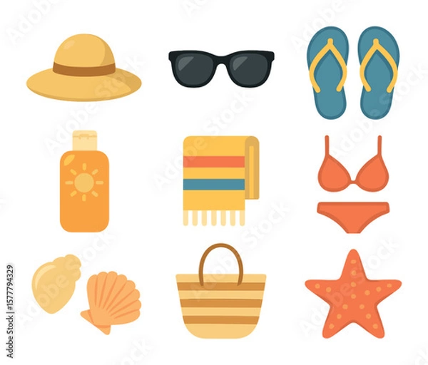 Fototapeta Beach Essentials Grid. Flat icon set of beach holiday essentials: straw hat, sunglasses, flip-flops, sunscreen