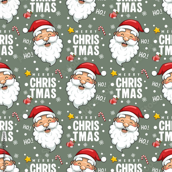 Obraz Seamless Pattern Merry Christmas Head Santa Claus On Green Background, Vector Cartoon Illustration