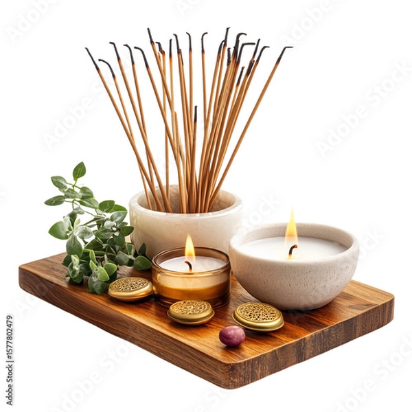 Obraz A modern spiritual altar with candles and incense isolated on a transparent background