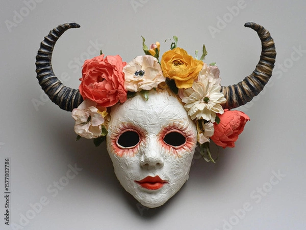 Obraz Mask with Horns and a Crown Isolated on Grey Background