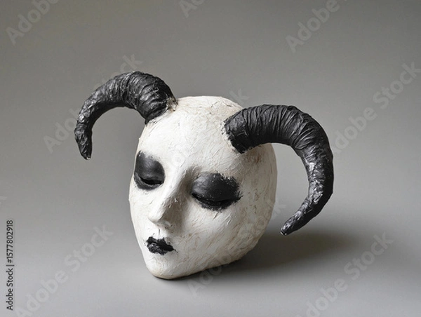 Fototapeta Handcrafted Wooden Mask with Black Horns