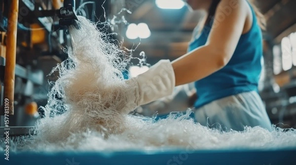 Fototapeta Processing Recycled Polyester Fibers in a Textile Manufacturing Facility