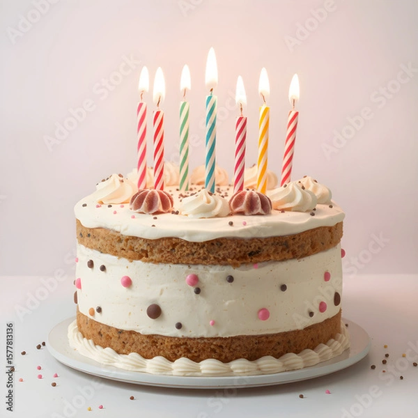 Fototapeta Un exquisito pastel de cumpleaños de vainilla con velas encendidas