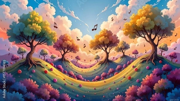 Fototapeta A whimsical landscape where grand pianos grow like trees, their keys unlocking melodies from the clouds, while spirals of vibrant colors blend in a dream-like, watercolor haze.