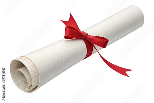 Fototapeta Rolled diploma or certificate with red ribbon tied in a bow isolated on transparent background