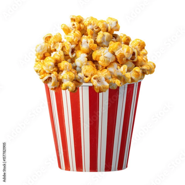 Fototapeta Delicious caramel popcorn overflowing a classic red and white striped popcorn bucket