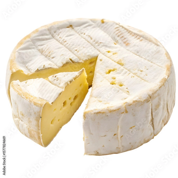 Fototapeta Whole camembert cheese with a slice cut out isolated on transparent background