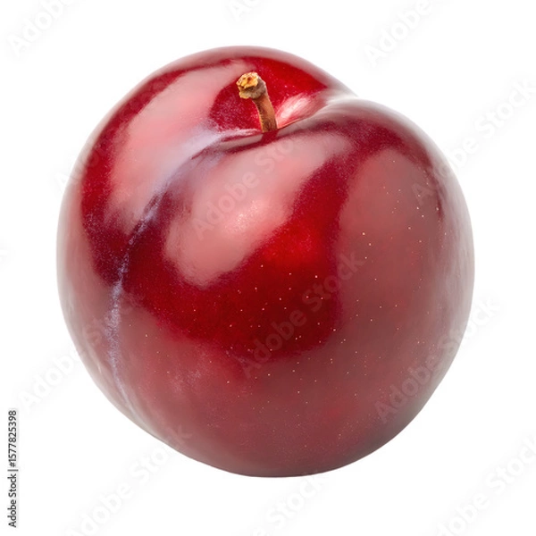 Fototapeta Single ripe red plum with stem isolated on transparent background