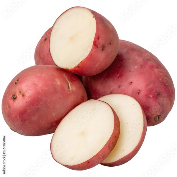 Fototapeta Fresh red potatoes with one cut in half and two slices isolated on transparent background