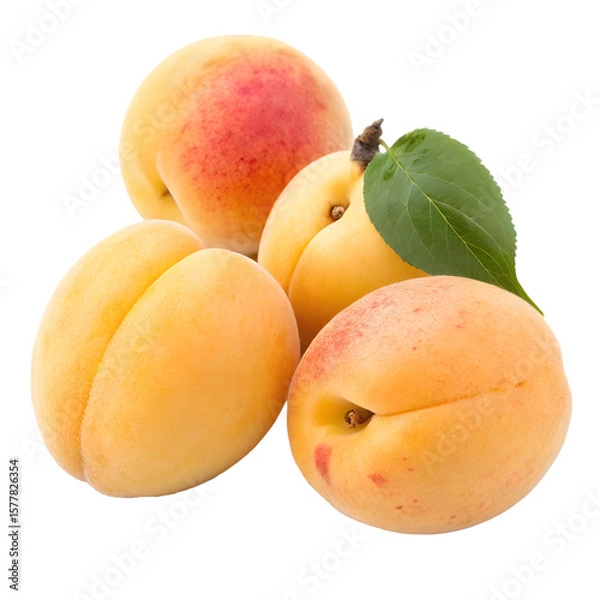 Fototapeta A cluster of ripe apricots with a green leaf isolated on transparent background