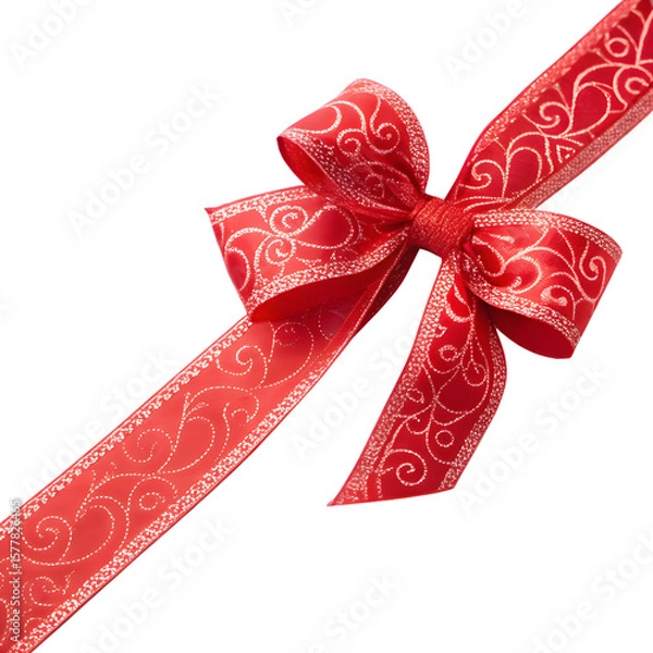 Fototapeta Elegant red ribbon bow with silver swirl pattern isolated on transparent background