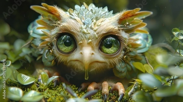 Fototapeta Close-up of a Cute, Moss-Covered Forest Guardian Creature with Horns