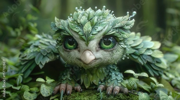 Fototapeta Close-up of a Cute, Moss-Covered Forest Guardian Creature with Horns