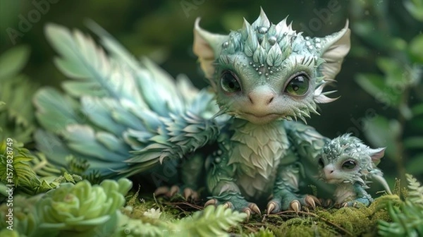 Fototapeta Close-up of a Cute, Moss-Covered Forest Guardian Creature with Horns