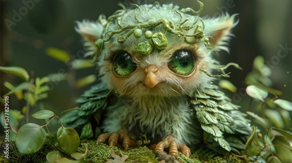 Fototapeta Close-up of a Cute, Moss-Covered Forest Guardian Creature with Horns