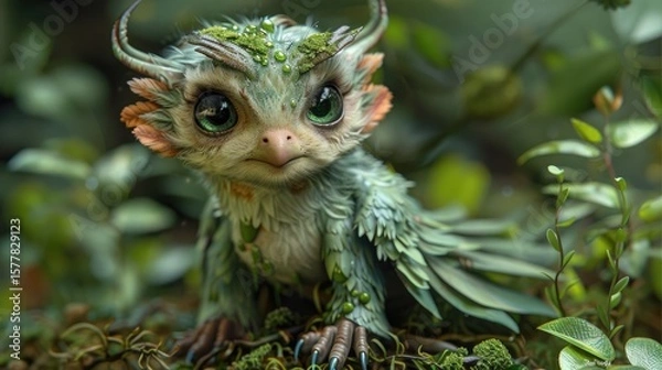 Fototapeta Close-up of a Cute, Moss-Covered Forest Guardian Creature with Horns