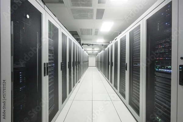 Fototapeta Financial data processing taking place in a modern server room with rows of organized systems, financial data processing over server room