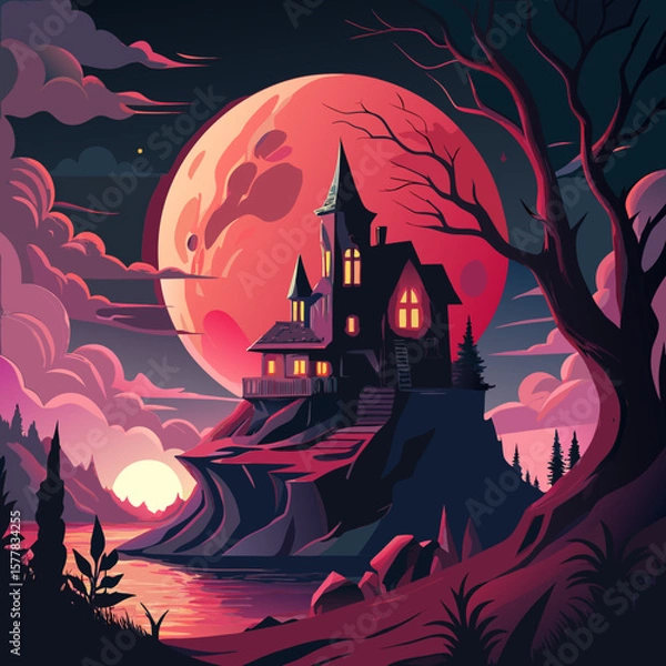 Fototapeta Spooky haunted mansion on a cliff under a giant red moon at night