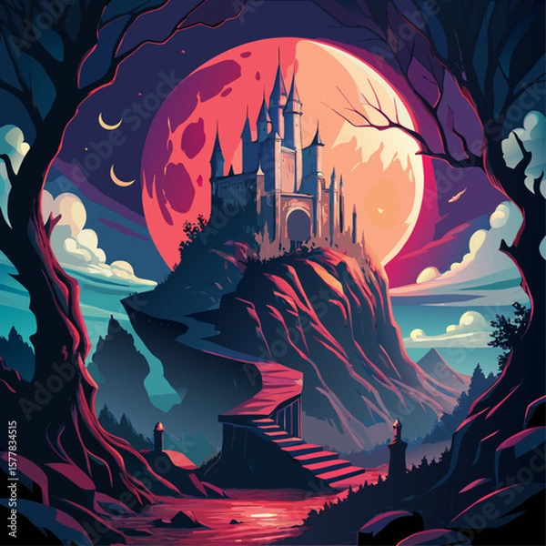 Fototapeta Mysterious castle perched on a cliff under a giant red moon