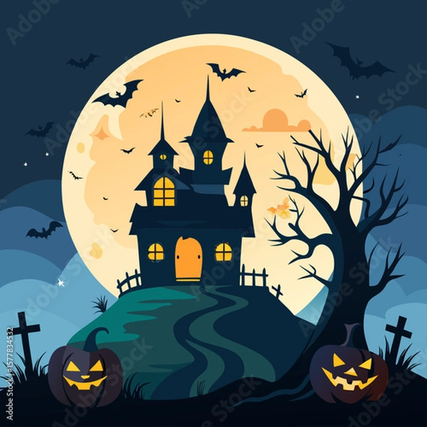 Fototapeta Spooky haunted house on a hill with a full moon and pumpkins for halloween