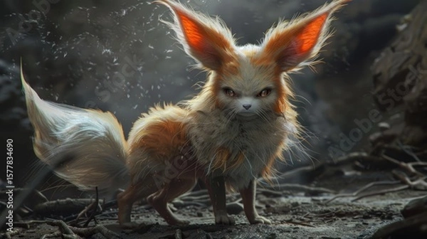 Fototapeta Adorable Fantasy Fennec Fox Creature with Big Ears in a Golden Forest