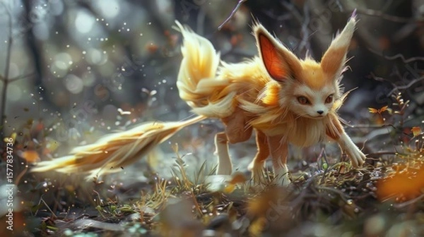 Fototapeta Adorable Fantasy Fennec Fox Creature with Big Ears in a Golden Forest
