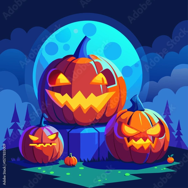 Fototapeta Three spooky jack o lanterns glow under a full moon on halloween night