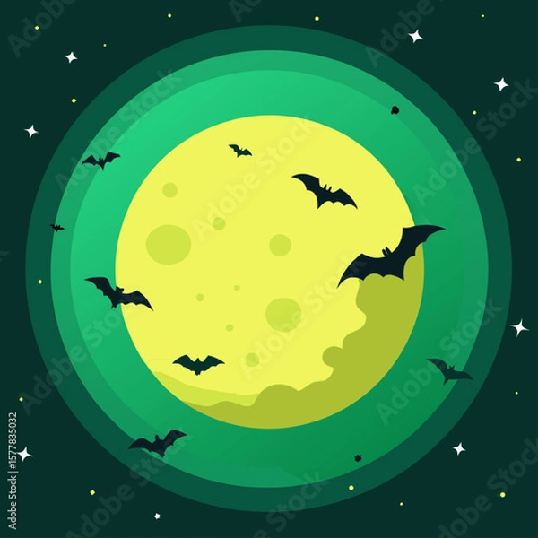 Fototapeta Spooky Halloween night with a vector illustration of a moon and flying bats silhouette