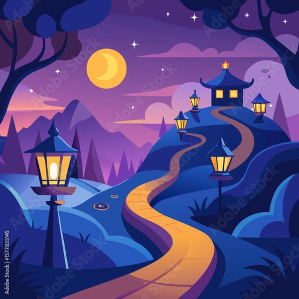 Fototapeta Enchanting japanese garden path lit by lanterns under a crescent moon