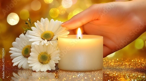Obraz Hand Lighting a Candle with Daisies and Gold Glitter