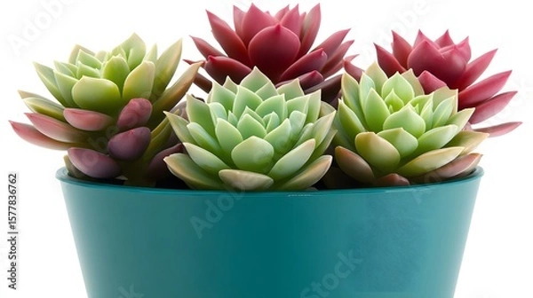 Obraz Succulent Plants in Teal Pot, Green and Red Echeveria