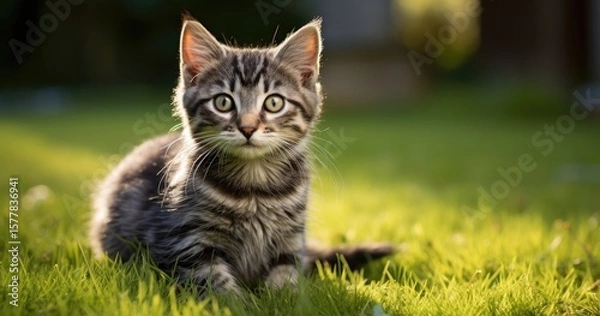 Fototapeta Adorable Long-Haired Tabby Kitten Lying Down on a White Background