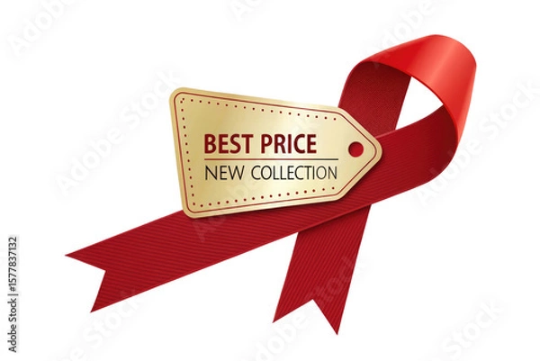 Fototapeta Red ribbon with golden tag best price new collection isolated on transparent background