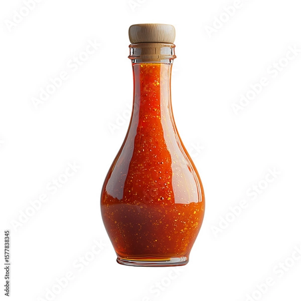 Fototapeta A bottle of vibrant red sauce with visible spices and a cork-style lid. isolated on white background and transparent background