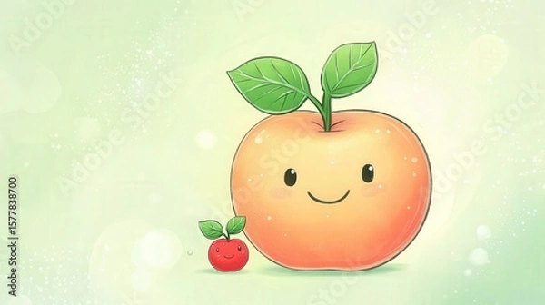 Obraz A cute apple cartoon character with a happy face and a smaller apple
