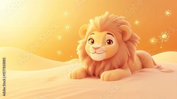 Obraz A cute cartoon lion cub is lying down on a sandy surface