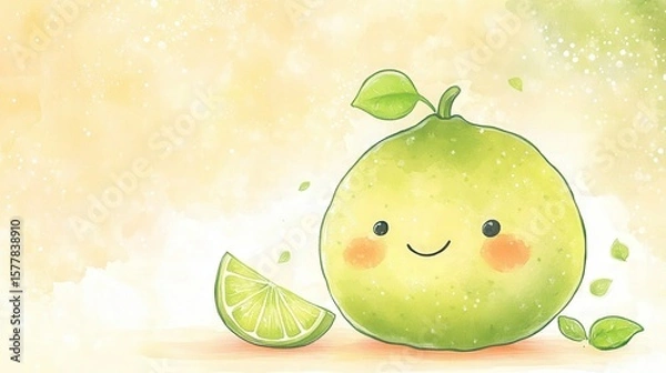 Obraz A cute lime cartoon character with a happy face and a slice of lime