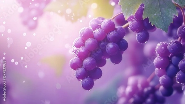 Obraz A closeup of ripe purple grapes covered in water droplets on the vine