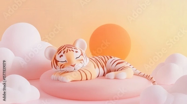 Obraz A cute tiger toy sleeping on a pink cushion with clouds in background