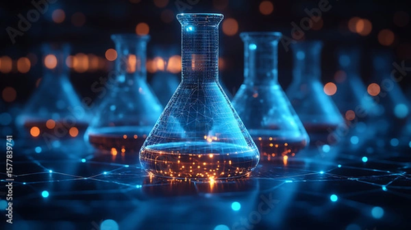 Fototapeta Futuristic laboratory scene with glowing flasks, digital network background, and vibrant colors