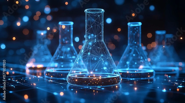 Fototapeta Futuristic laboratory scene with glowing beakers and scientific data visualizations in background
