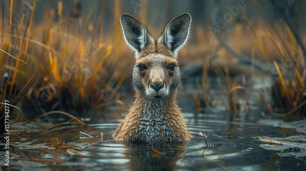 Fototapeta Close-up of a Young Kangaroo Submerged in Water in a Bush Setting