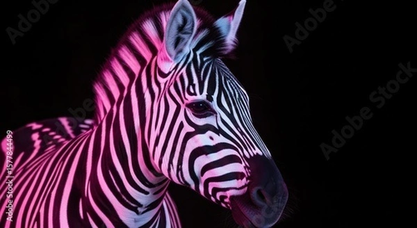 Fototapeta A zebra's head and neck illuminated with pink and white light against a black background in a studio