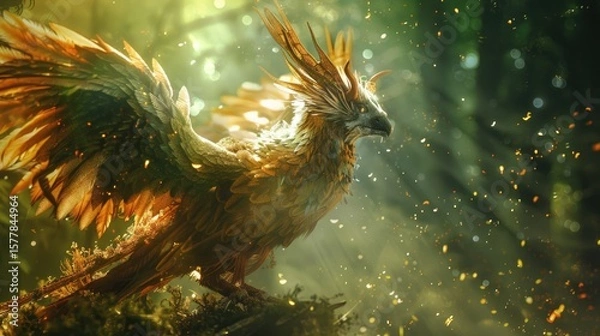 Fototapeta Majestic Mythological Grifflike Creature with Feathered Wings in a Golden Forest