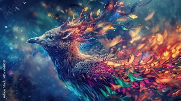 Fototapeta Majestic Mythological Grifflike Creature with Feathered Wings in a Golden Forest