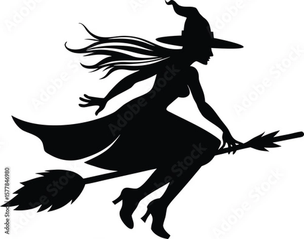 Obraz Classic Halloween Witch Silhouette Black Vector Illustration for Design Projects