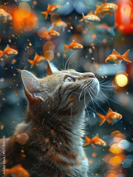 Fototapeta Curious Tabby Cat Gazing at a Glowing Butterfly in Golden Light