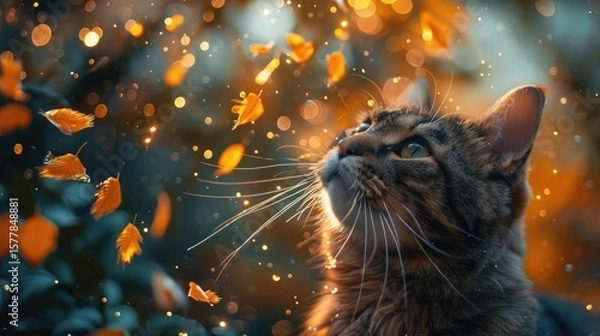 Fototapeta Curious Tabby Cat Gazing at a Glowing Butterfly in Golden Light